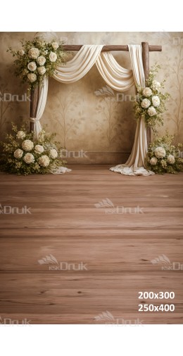 Tło fotograficzne z elegancką kwiatową altaną i beżową draperią | E549